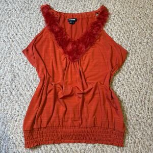 Vintage Y2K My Michelle Orange Fuzzy V Neck Halter Tank Top Cinched Waist Size L